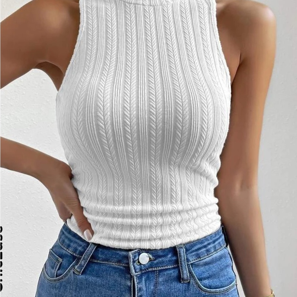 White Ribbed Knit Sleeveless Top